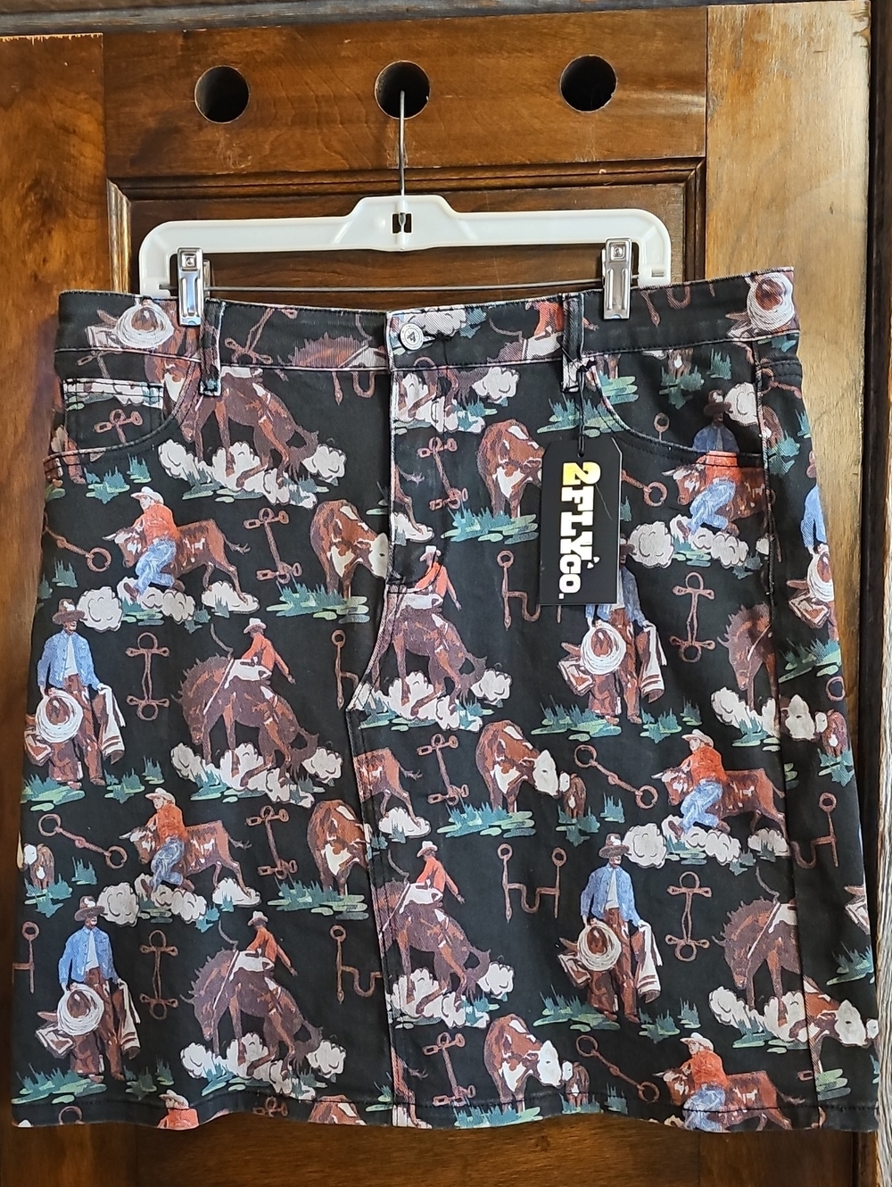2FLY Western Print Skirt in Black with Multicolor Cowboy Motif